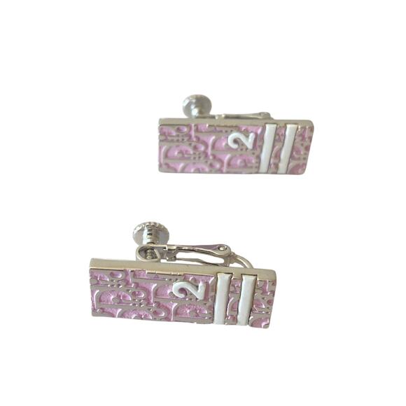 Authentic  Christian Dior Pink Enamel Logo  Clip-On Earrings - Picture 2 of 5